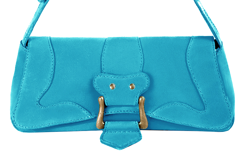 Small dressy baguette bag in turquoise blue leather - Profile view